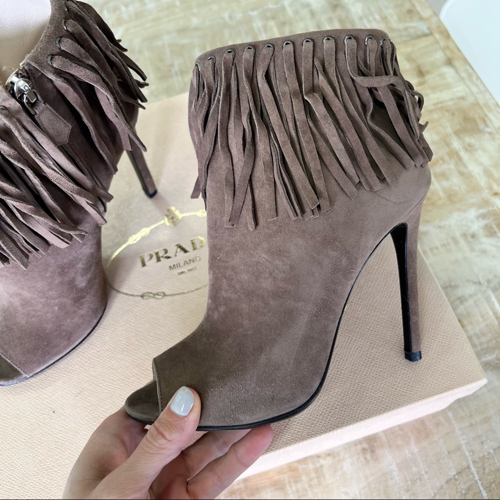 Prada suede peep toe fringe taupe brown boots size 37